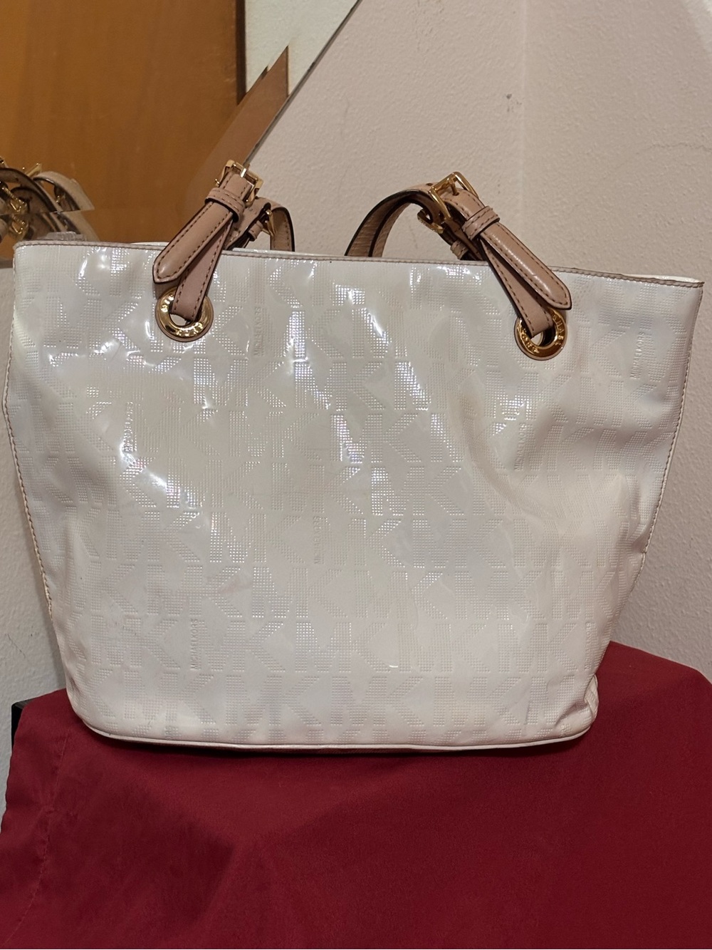 White Patent Tote Bag with Tan Handles